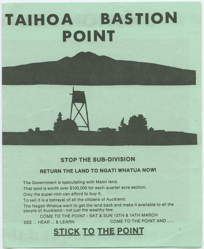 Bastion Point poster, 1978. This poster calls for the return of land at Bastion Point to the Auckland tribe Ngāti Whātua. 'Taihoa' means to wait or be cautious. EPH-PRO-3-3