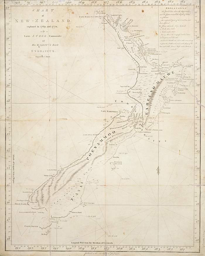 Chart of New Zealand explored in 1769 and 1770 by Lieut. J. Cook, Commander of His Majesty's Bark Endeavour. Engraved by J. Bayly. [London], 1772. G9080