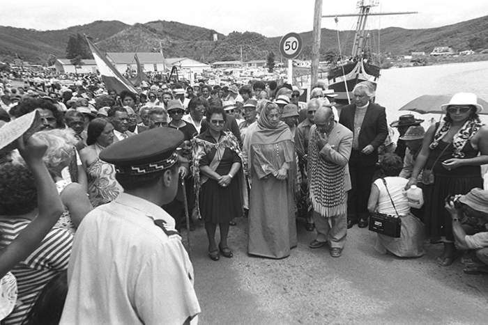 Tuaiwa Hautai "Eva" Rickard leads protestors across the bridge at Waitangi, on Waitangi day 1984. Photograph by Gil Hanly. PH-2015-2-GH538-33