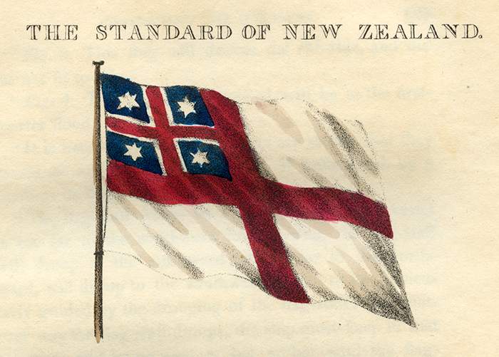 United Tribes' flag as published in the 1855 book 'An account of New Zealand and of the formation and progress of the Church Missionary Society's mission in the northern island' by Missionary William Yate.