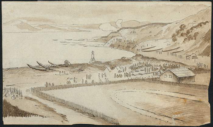 Manukau Heads from the back of pā at Pūkaki, about 1850. An early Auckland scene. PD1963-53