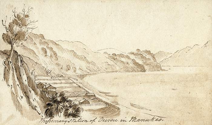 1840 Missionary station at 'Ourou' (Orua Bay) on the Manukau Harbour, about 1840. This sheltered bay is thought to be near the site of one of the Auckland region Treaty signings. Pen and wash on paper. PD-1963-8-23